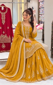 Ensemble Sharara en Georgette brodé jaune moutarde avec dupatta pour femmes - Product Image 4
