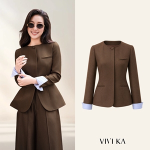 Blazer marron pour femme, col rond, un seul bouton, manches longues, polyester et élasthanne, anti-plis, pour le bureau, automne, LYDIA - Product Image 1