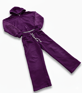 ชุดวอร์มคุณภาพสูงแบบกำหนดเองจากผู้ผลิต กางเกงวอร์มและเสื้อฮู้ดประดับเพชร ชุดวอร์มผ้าฟลีซซิปแบบวินเทจล้างสีสไตล์แอซิดวอช - Product Image 3