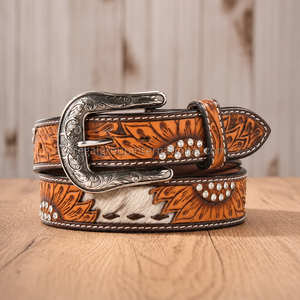 New Arrival Western Cowboy Leather <b>Belt</b> for Men Women Floral Tooled Brown <b>Belt</b> with Hair On Cowhide Rhinestone <b>Silver</b> <b>Buckle</b> - Product Image 3