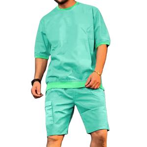 Camiseta de entrenamiento para hombre con logotipo personalizado de alta calidad y conjunto de pantalones cortos holgados con lavado ácido de costillas al mejor precio - Product Image 1