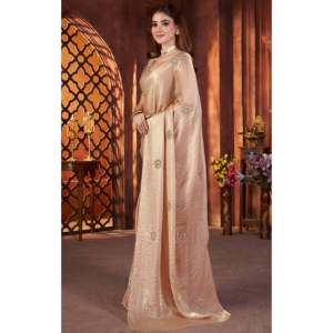 Sari de satén de diseñador para fiestas, con cintura natural, cuentas, bordado a mano y Butta - Product Image 1