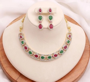RAY FINE ORNATES 22K Gold Plated <b>Ruby</b> Pink CZ IGI Certified Vintage Bridal Wedding Statement <b>Necklace</b> Set Red Green Earrings - Product Image 2