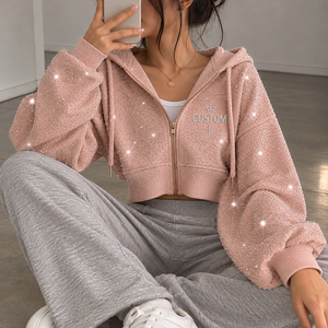 Sudadera con capucha de algodón de punto grueso para mujer, con pedrería, estilo urbano, de lujo vintage, con cremallera, venta al por mayor, suministro de moda - Product Image 4