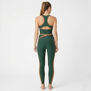 High Waist Color Blocked Yoga Leggings With Side Stripe Full Length Stretch Pants For Women Green And Brown Contrast Design - Product Image 3