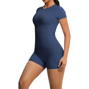 Ensemble de yoga à col rond, manches courtes, taille haute, couleur unie, avec poches, respirant, en spandex et polyester, sans couture, 2 pièces - Product Image 4