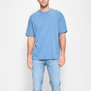 T-shirt en coton bleu clair uni surdimensionné pour homme, manches courtes, col rond, coupe décontractée, jersey uni - Product Image 1