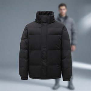 Men's Black Stand Collar Puffer Jacket Windproof Polyester Wadding Winter Casual Regular Fit Zipper Closure Soft Shell Jacket - Product Image 2