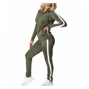 Women Olive Green Full Zip Hoodie Tracksuit Two Piece <b>Set</b> White Side Stripe Slim Fit Skinny Jogger Pants Athletic Sport Suit - Product Image 1