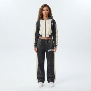 women tracksuit set cropped <b>hoodie</b> wide leg sweatpants two piece outfit acid wash tracksuit <b>rhinestone</b> <b>hoodie</b> zip up <b>hoodie</b> - Product Image 1