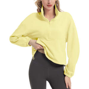 เสื้อครอปท็อปผู้หญิงสีเหลืองทรงโอเวอร์ไซส์ ผ้าฟลีซ ซิปครึ่งตัว แขนยาว คอตั้ง เสื้อสเวตเชิ้ตสำหรับใส่ในฤดูใบไม้ร่วง - Product Image 3