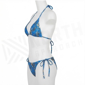 Conjunto de bikini de 2 piezas con estampado floral azul para mujer, cuello halter, parte inferior con lazo lateral, traje de baño elástico - Product Image 3
