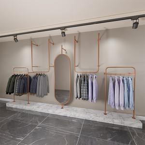 Exhibidor de Ropa de <span class=keywords><strong>Metal</strong></span> Dorado Personalizado para Tiendas, Exhibidor de Ropa de Acero Inoxidable para Pared - Product Image 6