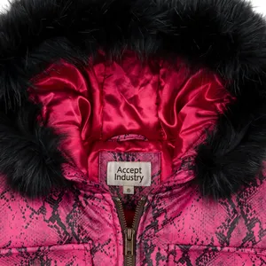 Accept Industry Pink Snake Print Puffer <b>Jacket</b> <b>Hooded</b> With Faux <b>Fur</b> Zipper Closure Casual Winter Outerwear - Product Image 5
