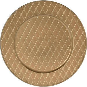 Plato de presentación redondo de lujo en metal dorado con patrón geométrico en relieve y anillo central elevado para hotel - Product Image 4