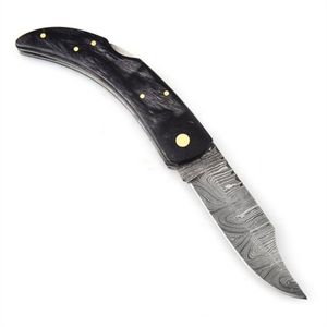 Couteaux pliants de chasse, lame à motif Damas, manche en os fait main, bord tranchant, outil de poche compact avec étui en cuir - Product Image 4
