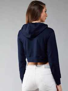 Sudadera con Capucha Corta Estampada Azul Marino para Mujer, Sudadera de Forro Polar Suave, Manga Larga, Estilo Informal, para Uso Diario, Cómoda para el Invierno - Product Image 3