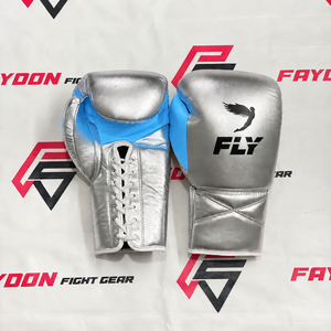 Fly New Model Silver & <b>Green</b> Custom Made Professional Genuine Leather Boxing Gloves <b>Laced</b> Up Hook & Loop Sparring Gloves - Product Image 3