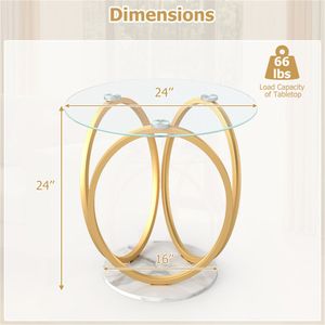 Modern 2-Tier Gold and <b>White</b> <b>Round</b> End <b>Table</b> Tempered Glass Top with Faux Marble Base Coffee <b>Tables</b> - Product Image 5