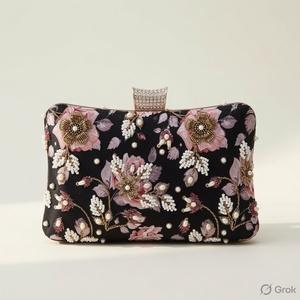 Pochette florale perlée faite à la main noire pour soirée, style élégant, doublure en satin, fermeture à rabat, capacité jusqu'à 1L - Product Image 3