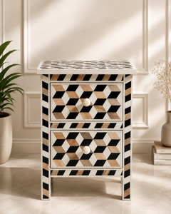 Mesita de Noche Artesanal con Incrustaciones de Hueso, 2 Cajones, Mesa Auxiliar Geométrica con Detalles de Perlas para Dormitorio - Product Image 1
