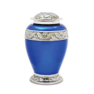 Top Quality Blue Fire Metal <b>Memorial</b> Cremation Urn For Human Ashes Handcrafted Aluminium Funeral Urn With Engraved Floral Band - Product Image 2