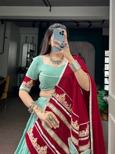 Elegante Lehenga Choli de Rayón Verde Menta con Dupatta Roja Bordada, Vestido Largo Tradicional Indio para Bodas - Product Image 1