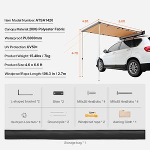 Tenda Laterale Retrattile per Auto Grande 1,4m x 2m, Impermeabile PU3000mm UV50+, Copertura Ombreggiante per Veicoli e Camion - Product Image 4