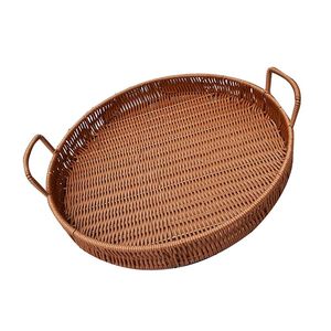 Plateau de service rond en rotin tressé à la main de luxe avec poignées, plateau décoratif en osier pour petit-déjeuner, table basse ou ottoman - Product Image 5