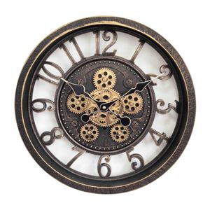 Moving gear wall <b>clock</b> 16 inch bronze vintage transparent skeleton flat frame with 3D numbers for home décor - Product Image 1