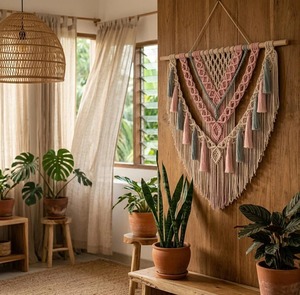 Décoration murale en macramé surdimensionnée et tendance aux couleurs vibrantes pour la décoration intérieure, les intérieurs élégants et les cadeaux, fabriquée en Inde. - Product Image 4