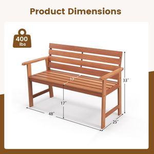 Solid Wood 2-<b>Seat</b> Patio <b>Bench</b> with Breathable Slatted <b>Seat</b> and Inclined Backrest Durable and Comfortable Chair - Product Image 4