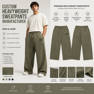 Pantalon de survêtement homme en molleton de coton épais, couleur olive délavée, respirant, coupe ample à jambe large, taille élastique avec cordon de serrage, personnalisable - Product Image 3