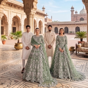 Lehenga Choli de mariée de luxe rose poudré brodé avec des sequins épais, dupatta en filet et tenue de mariage de créateur à manches longues - Product Image 2