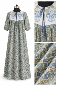 Floral Hand Block Print Long Dress Contrast Butta Yog Puffy Sleeves Cotton Maxi Gown Women Casual Handmade Professional Outfit - Product Image 4