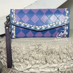 Bolso de mano de cuero a cuadros hecho a mano para mujer, de cuero vacuno premium, con correa de muñeca colorida, tarjetero y monedero, Colección Expo Marzo 2026 - Product Image 1