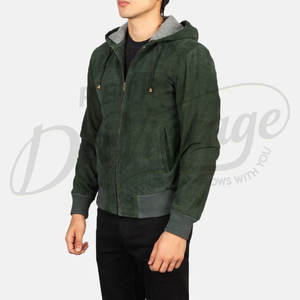 Blouson bomber en daim véritable vert forêt pour homme avec doublure grise contrastante, poignets côtelés et fermeture éclair - Product Image 4