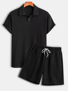 Men's Black Knitted Polo Shirt and Shorts Set Solid Color Casual Summer Wear Breathable 2 Piece Outfit - Product Image 1