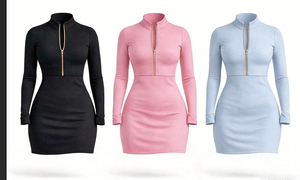 Women 2 Piece Set Stand Collar Half Zipper Long Sleeve Bodycon Dress with <b>Headband</b> Skinny Club Outfit women's set's - Product Image 2