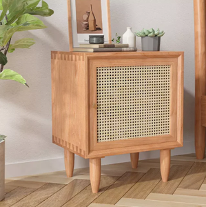 Solid Wood Rattan Caning One Door Two Compartment <b>Bedside</b> <b>Table</b> Natural Cane Cabinet Wooden Stand Bedroom Living Room Furniture - Product Image 1