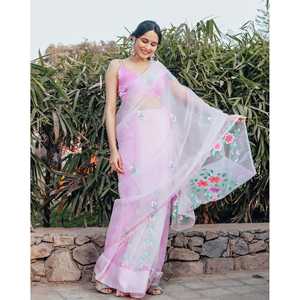 ผ้าซารีออร์แกนซ่าสุดหรู รุ่นเอเลียนา สีชมพู สำหรับงานแต่งงาน งานเลี้ยง งานรับปริญญา คอลเลคชั่นดีไซเนอร์สำหรับผู้หญิง ส่งออก - Product Image 1