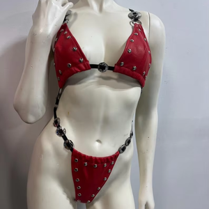 Conjunto de sujetador y bragas de cuero PU sexy personalizado, atuendo elegante para discoteca, conjunto de bikini de cuero para mujer, sujetador y bragas de cuero sexys - Product Image 1