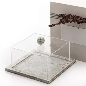 Support à gâteau unique fait main en nacre, plateau carré en coquille foncée avec boîtier transparent, idéal pour la présentation des aliments - Product Image 3