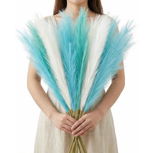 8 Pcs Teal Blue Faux Pampas Grass Decor 35 Fluffy Fake Colored Pampas Grass Stems <b>Large</b> Flower <b>Artificial</b> <b>Plants</b> Greenery - Product Image 1