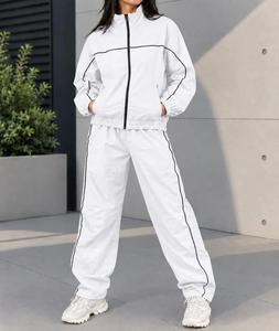 Custom <b>Woman</b> Nylon Winter Washed Solid Tracksuit Set Midweight Contrast Piping Windbreaker Zip Jacket Pant 2 Piece <b>Sweatsuit</b> - Product Image 1