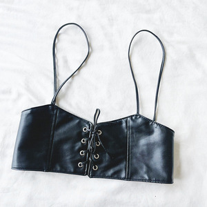 Corsé de cuero genuino negro para mujer al por mayor, con correa elástica frontal de encaje y botón a presión trasero, transpirable, tipo underbust. - Product Image 1