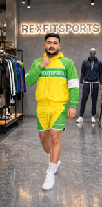 ชุดแจ็คเก็ตและกางเกงขาสั้นกันลมไนลอนสีเขียวเหลืองแบบกำหนดเอง REXFIT SPORTS 2026 แบรนด์ส่วนตัว เสื้อผ้าสตรีทแวร์ ชุดกีฬา เสื้อผ้าสตรีทแวร์สำหรับทุกเพศ - Product Image 3