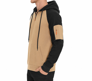 Sweat-shirt à capuche pour homme, demi-zip, manches raglan, couleur unie, polaire, décontracté, pour l'automne, coupe classique, beige, noir - Product Image 3