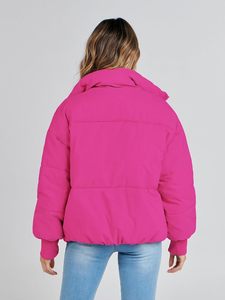 Veste matelassée imperméable en toile rose pour femme, hiver, décontractée, à capuche, manches longues, légère, en duvet, couleur unie, fermeture éclair - Product Image 3