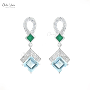 2026 Top Product 925 Sterling Silver Emerald Aquamarine and Cubic Zirconia Dangle Push <b>Back</b> <b>Earrings</b> Fashion Jewelry for Women - Product Image 1